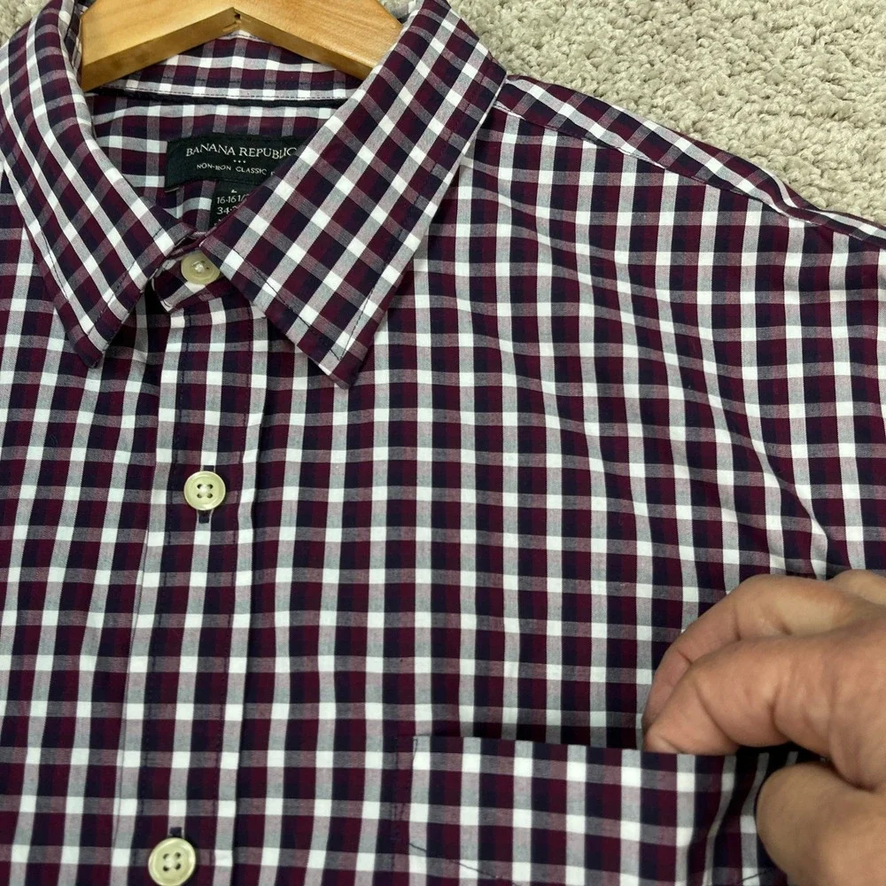Banana Republic Button‎ Down Shirt Mens Large Burgundy Gingham Check Long Sleeve